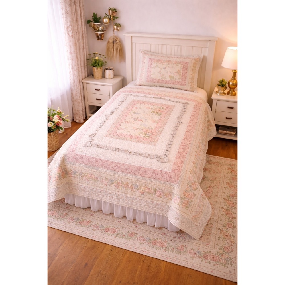Vtg Peking Handicraft Twin Shabby Chic Cottagecore Floral Rose Comforter Ruffles